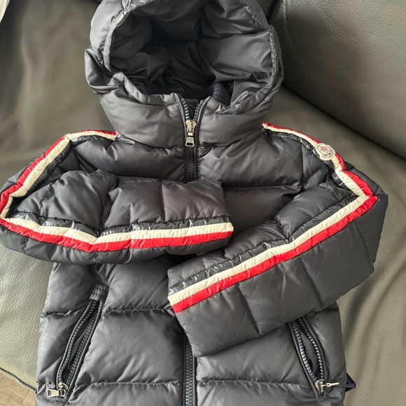Moncler Kids Black Puffer Jacket with Red and White Stripes